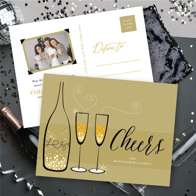 Gold Champagne Cheers Pop Fizz Clink Stylish Chic Holiday Postcard (Creator Uploaded)
