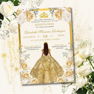 Gold Champagne Dress Tiara Princess Quinceanera Invitation