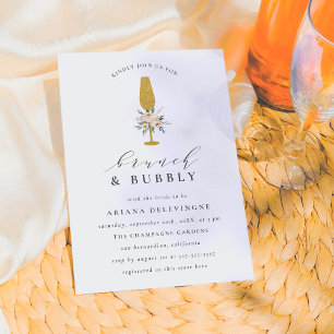 Gold Champagne & Floral Bouquet Brunch & Bubbly Invitation