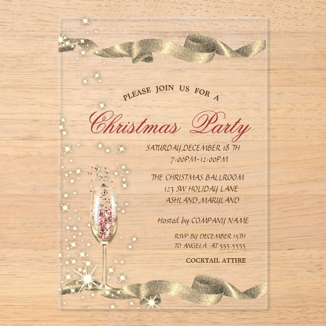  Gold Champagne Glass Corporate Christmas Party Acrylic Invitations (Front)