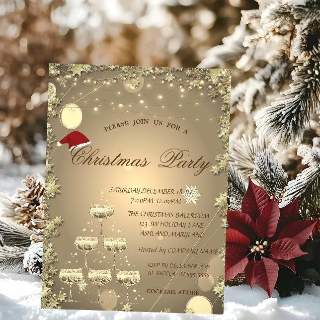 Gold Champagne Glass Tree Stars Christmas Company Invitation (Creator Uploaded)