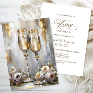 Gold Champagne Glasses 1st Wedding Anniversary Invitation