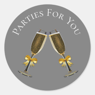 Gold champagne glasses party business branding classic round sticker