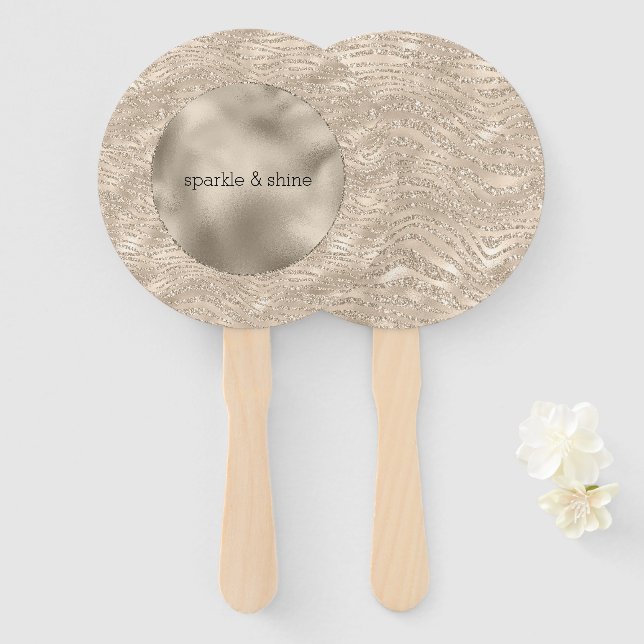 Gold Champagne Glitter Zebra Print glam Hand Fan (Front and Back)