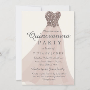 Gold Champagne Shimmer Glitter Gown Quinceanera Invitation