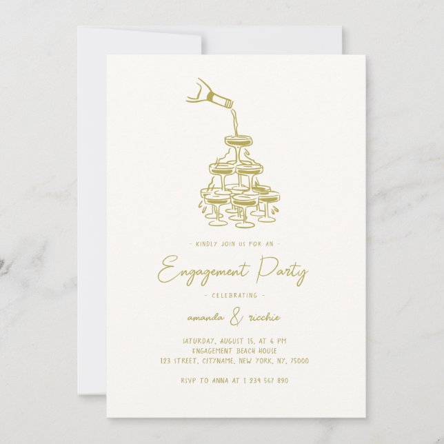 Gold Champagne Tower Bubbly Tower Engagement Party Invitation (Front)