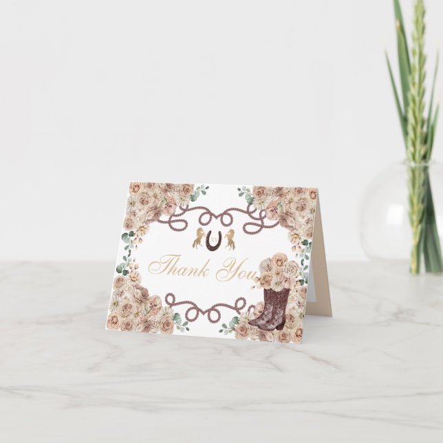 Gold Champagne Western Quinceanera Thank You Card (Front)