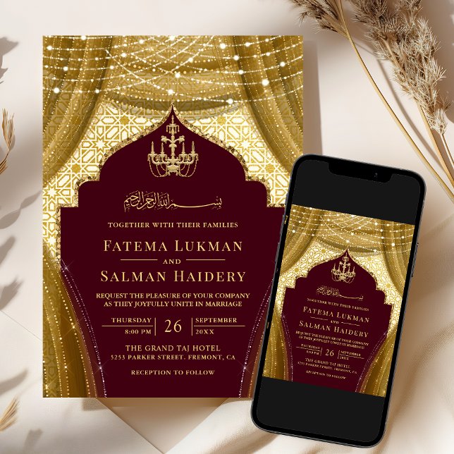 Gold Chandelier Curtain Burgundy Muslim Wedding Invitation (Creator Uploaded)