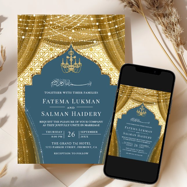 Gold Chandelier Curtain Dusty Blue Muslim Wedding Invitation (Creator Uploaded)