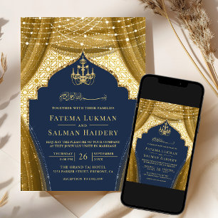 Gold Chandelier Curtain Navy Blue Muslim Wedding Invitation