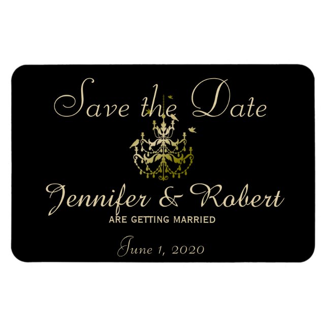 Gold Chandeliers Black Posh Wedding Save the Date Magnet (Horizontal)