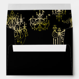 Gold Chandeliers on Black Posh Wedding Envelope
