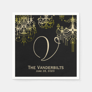 Gold chandeliers on Black Posh Wedding Napkins