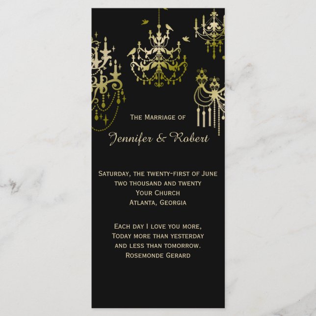 Gold Chandeliers on Black Posh Wedding Program Programme (Front)