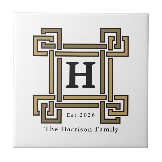 Gold Charcoal Greek Key Monogram Family Crest Tile (Front)
