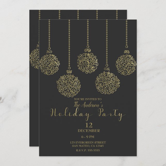 Gold & Charcoal Ornaments Elegant Holiday Party Invitation (Front/Back)
