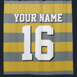 Gold Charcoal Sports Jersey Preppy Stripe Shower Curtain<br><div class="desc">Preppy Striped Team Jersey / Sports Jersey / Football Jersey / Rugby Jersey with Custom Name Customise this with your own name or team name and a number. You can change the size, colour and placement of the text if you need to make changes, change the colour of or remove...</div>