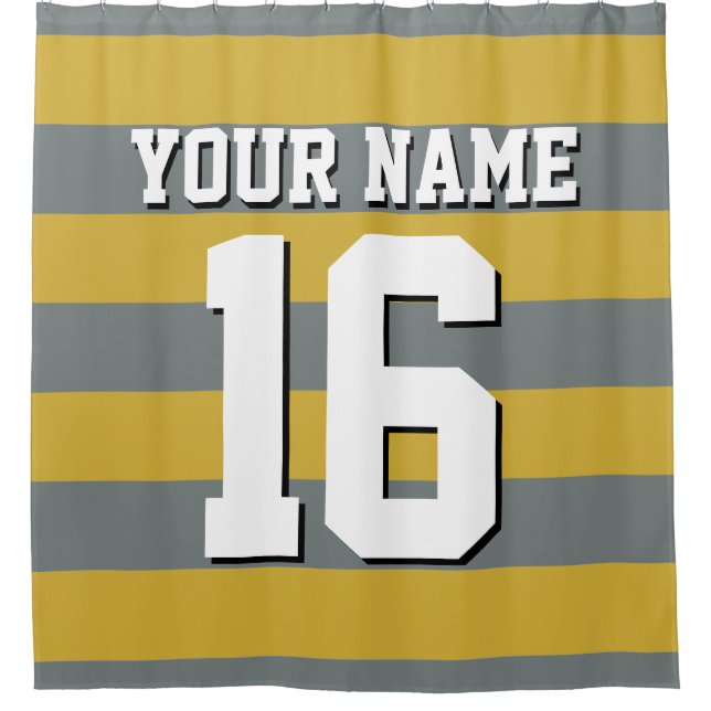 Gold Charcoal Sports Jersey Preppy Stripe Shower Curtain (Front)