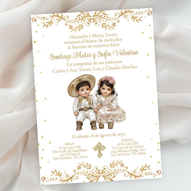 Gold Charro and Charra Twin Spanish Baptism Invitation (Gold Charro and Charra baptism invitation. Simply add your event details. )