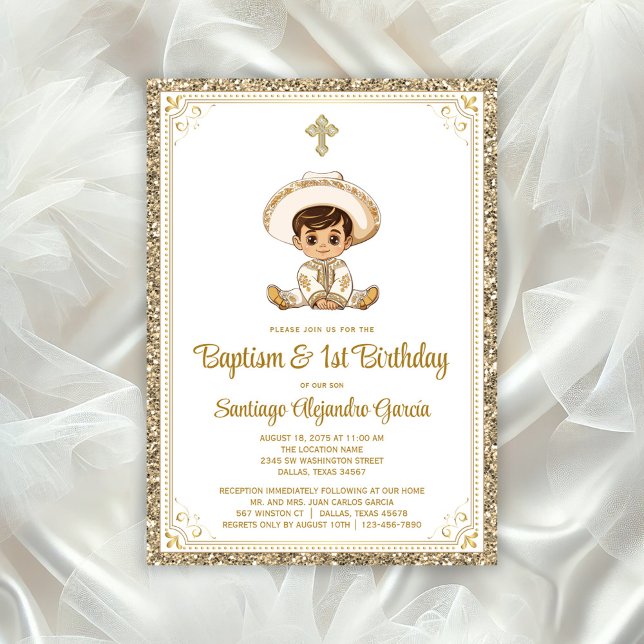 Gold Charro Baptism & Birthday Invitation (All text can be changed for your event.)