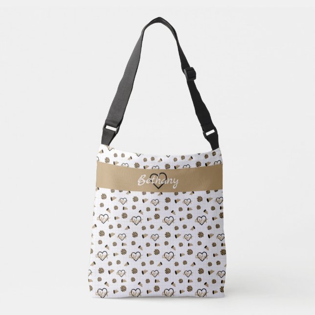Gold Cheer Hearts, Pom Poms, Megaphone Pattern Crossbody Bag (Front)