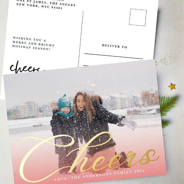 Gold CHEERS Classic Lettering Red Gradient Photo Foil Holiday Postcard (Creator Uploaded)