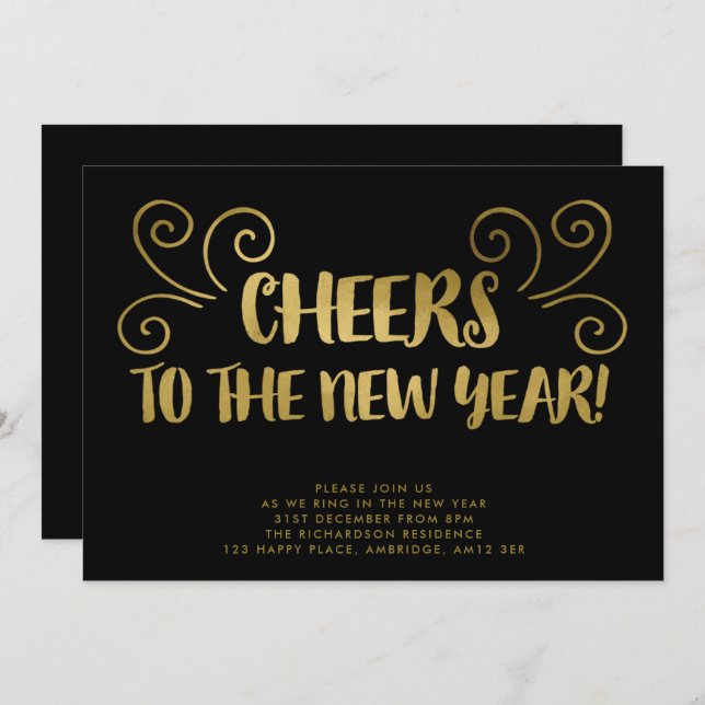 Gold Cheers New Year's Eve Party Invitation (Front/Back)
