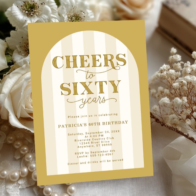 Gold Cheers to 60 Years 60th Birthday Invitation (Shown on a 5" x 7" invitation)