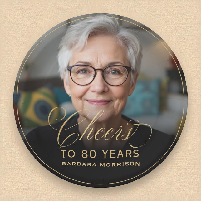 Gold Cheers to 80 Years Custom Photo Birthday Paper Plate (Creator Uploaded)