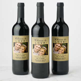 Gold Cheers to Love Wedding Photo Bottle Favour Wine Label