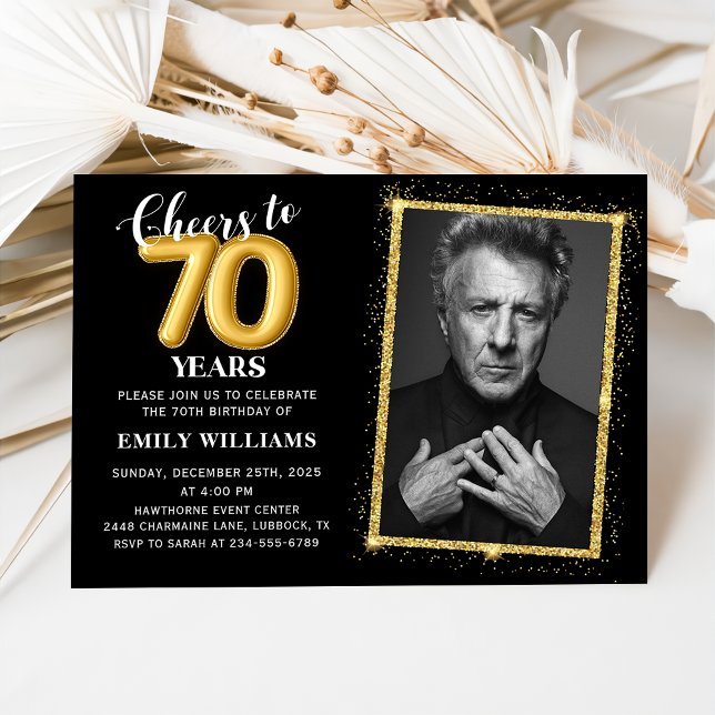Gold Cheers to Seventy Years 70th Birthday Photo Invitation (Creator Uploaded)