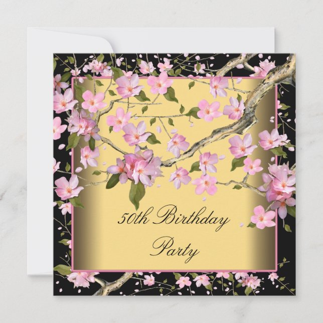 Gold Cherry Blossom Womans 50th Birthday Party Invitation (Front)