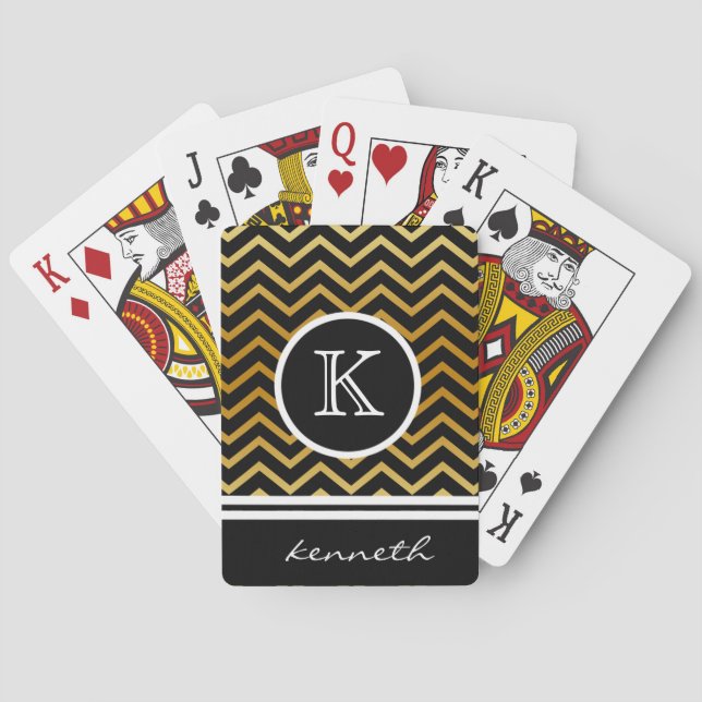 Gold Chevron Black Monogram Name Custom Playing Cards (Back)