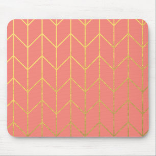 Gold Chevron Coral Pink Background Modern Chic Mouse Pad