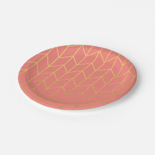 Gold Chevron Coral Pink Background Modern Chic Paper Plate