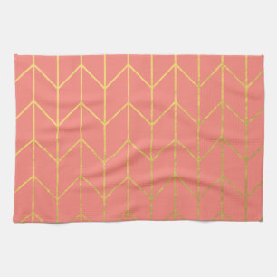 Gold Chevron Coral Pink Background Modern Chic Tea Towel