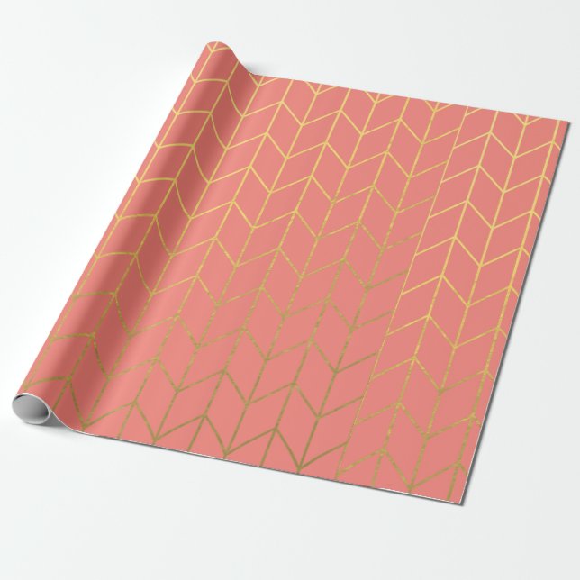 Gold Chevron Coral Pink Background Modern Chic Wrapping Paper (Unrolled)