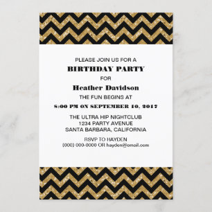 Gold Chevron Glitter Birthday Party Invite