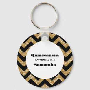 Gold Chevron Glitter Quinceañera Keychain