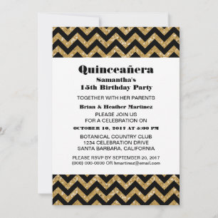 Gold Chevron Glitter Quinceañera Party Invite