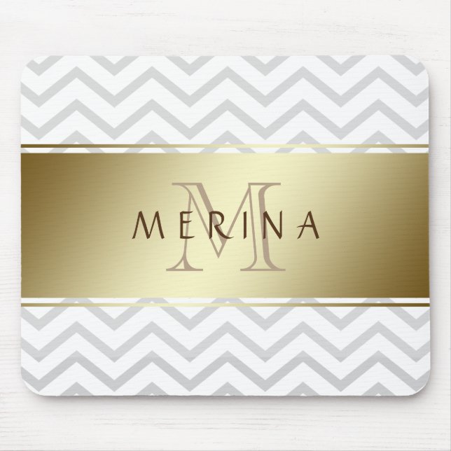 Gold Chevron Grey Pattern Monogram Personalise Mouse Pad (Front)