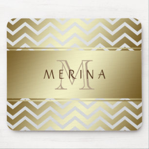 Gold Chevron Grey Pattern Monogram Personalise Mouse Pad
