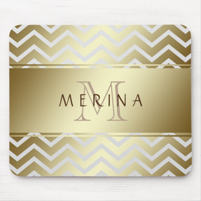 Gold Chevron Grey Pattern Monogram Personalise Mouse Pad (Front)