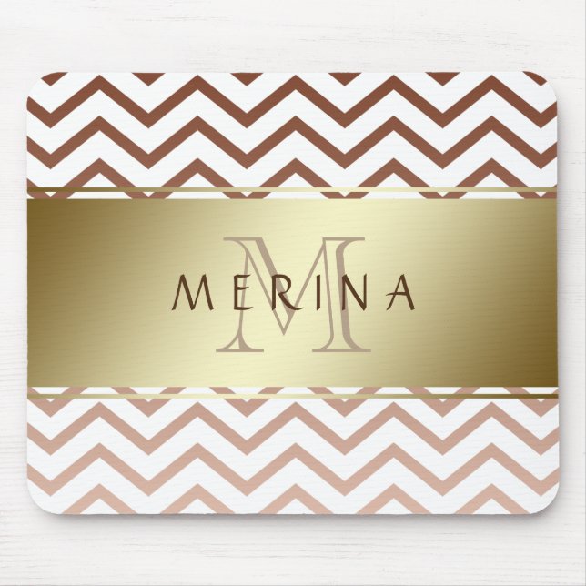 Gold Chevron Pattern Monogram Personalise Mouse Pad (Front)