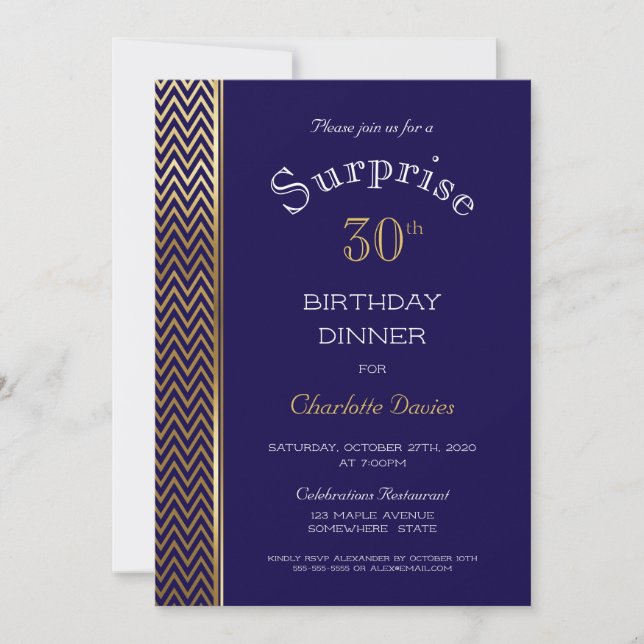 Gold Chevron Stripe Blue Surprise 30th Birthday Invitation (Front)