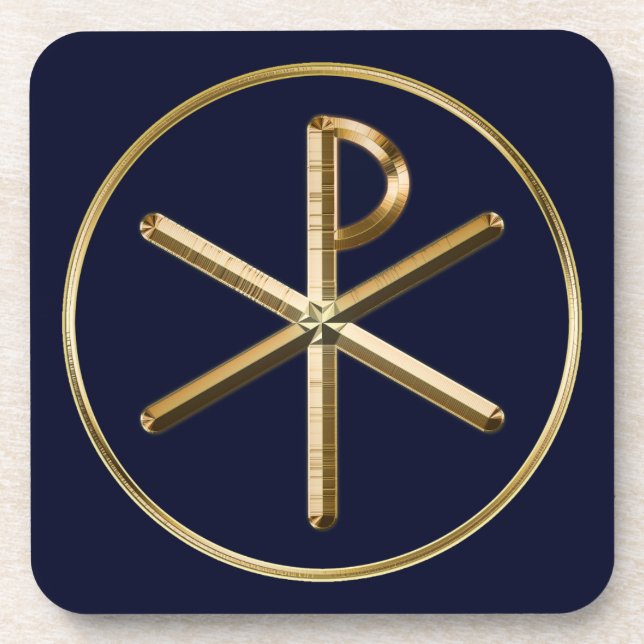 Gold Chi-Rho symbol on dark blue Coaster (Front)