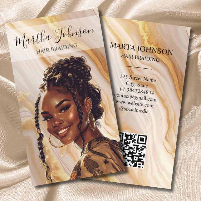 Gold Chic Afro American Braids Braiding QR Code Business Card (Creator Uploaded)