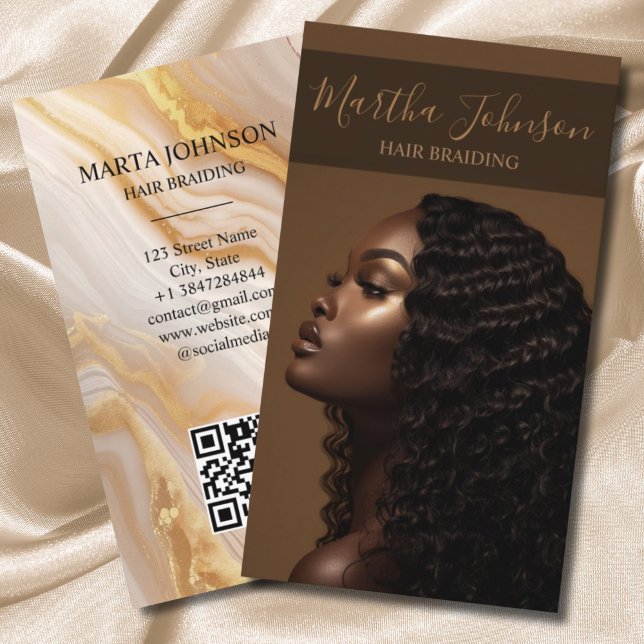Gold Chic Afro American Braids Braiding QR Code Business Card (Creator Uploaded)