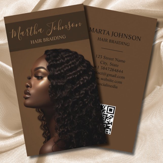 Gold Chic Afro American Braids Braiding QR Code Business Card (Creator Uploaded)