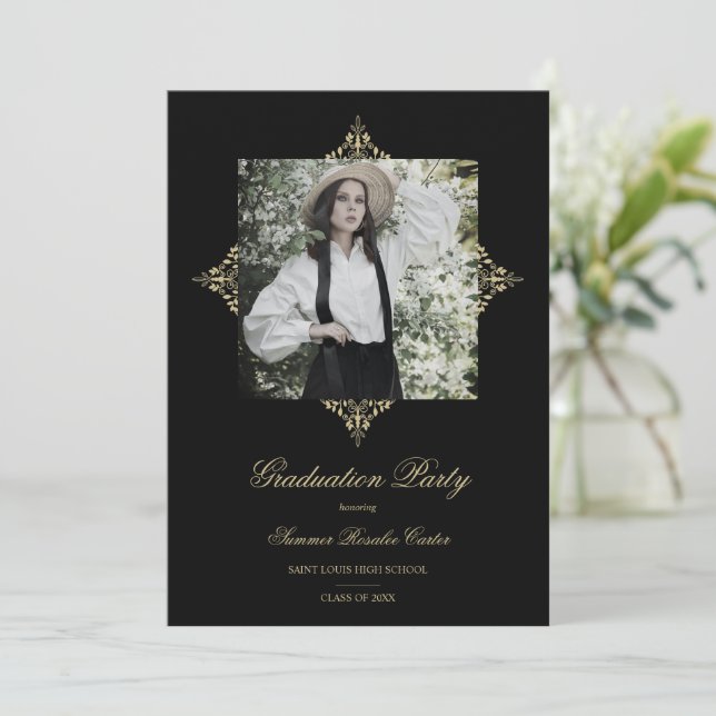 Gold Chic Lace Romantic Photo Graduation Party Invitation (Standing Front)